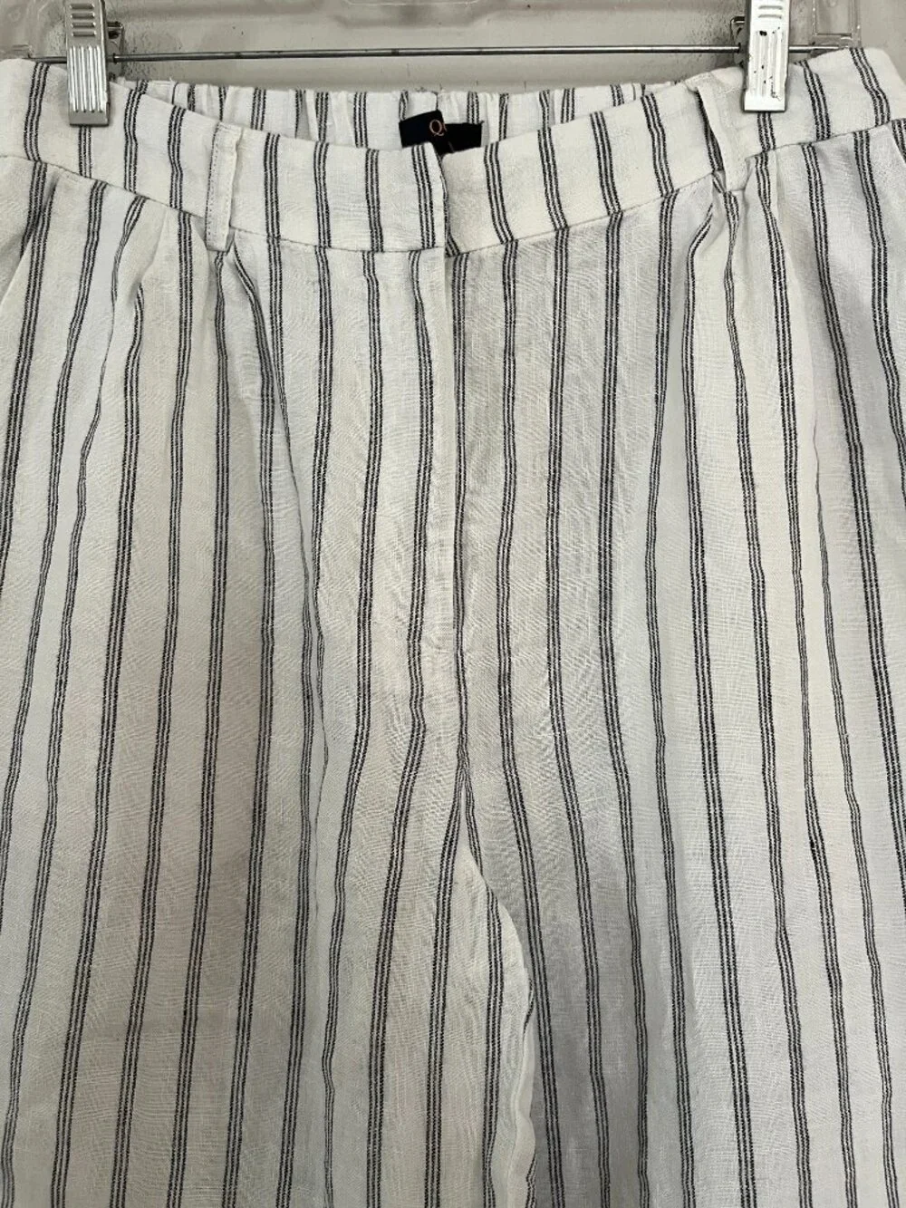 Quince Sz 8 Euro Linen Pleated Trousers White with Black Stripe